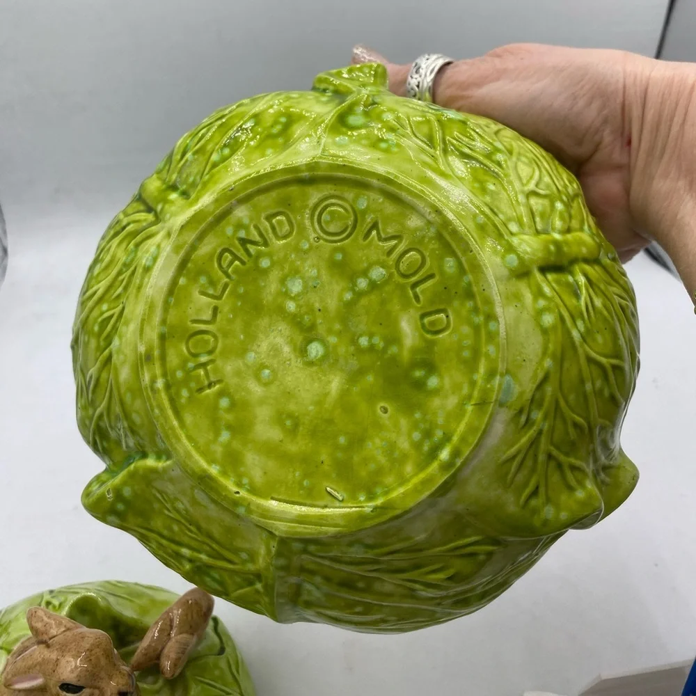Vintage Holland Mold Green Cabbage Bowl With Lid Featuring Brown Bunnies On Top